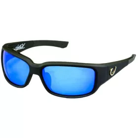   MUSTAD HP POLARIZED SUNGLASSES - BLACK VENTED FRAME, SMOKE LENS WITH BLUE REVO